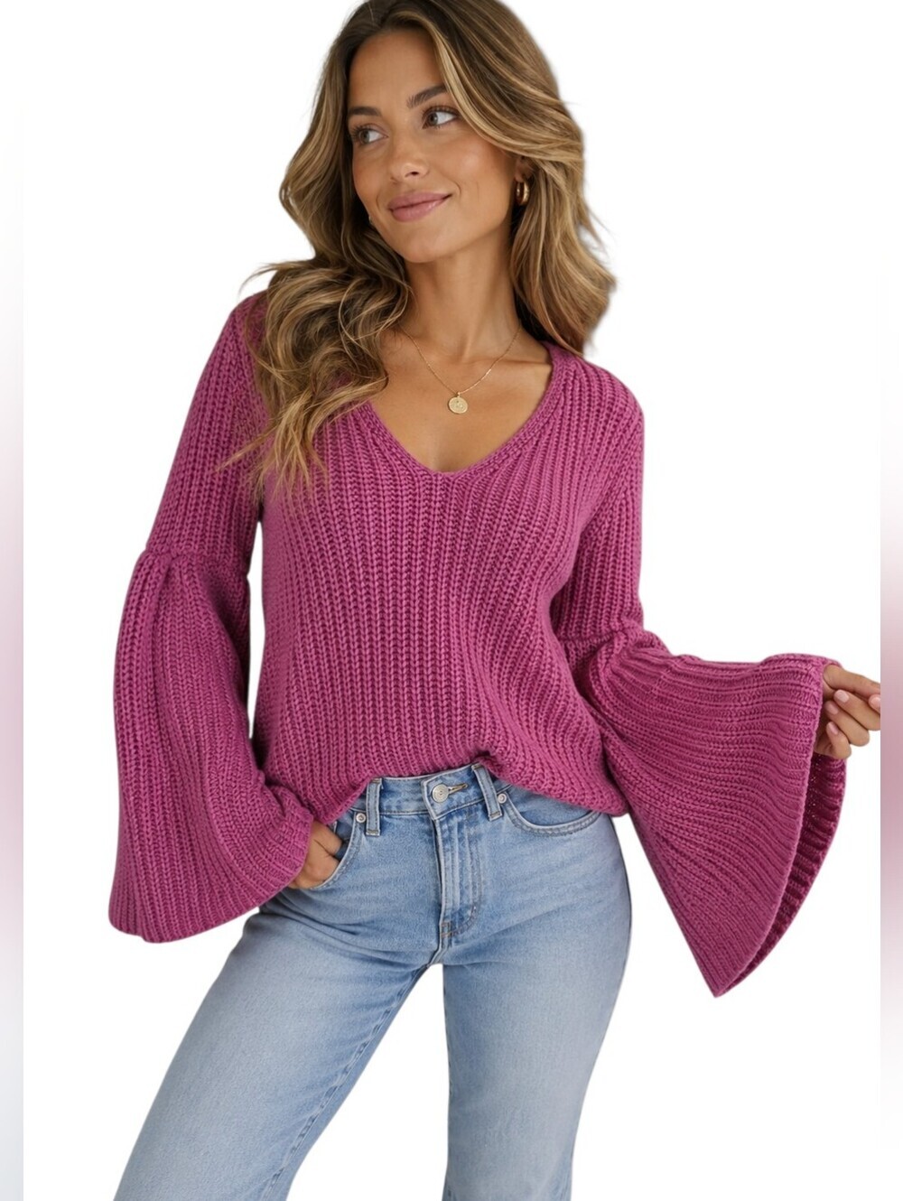 Free People Damsel Bell Sleeve Chunky Knit Sweater Rose Pink XS